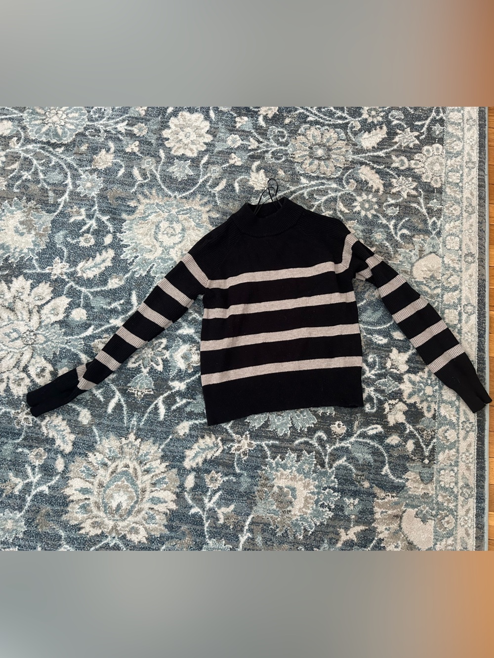 Striped Mock Neck Women’s Sweater in Black and Beige